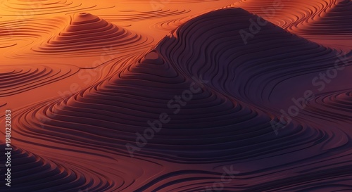 Surreal geometric topography with layered concentric rings forming abstract hills and valleys in warm sunset tones