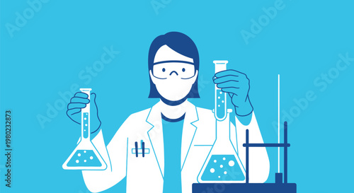 Female scientist in lab coat and safety glasses holding beakers.
