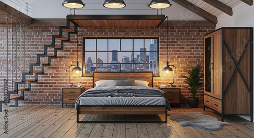 Modern Bedroom with Wooden Bed and City View Through Large Window brick wall