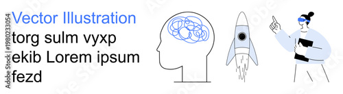 Innovation, scientific exploration, team collaboration, education, mental health, creativity. Visual of a brain, rocket and person pointing. Innovation and scientific exploration concept