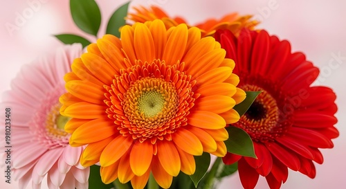 Vibrant gerbera daisy bouquet with a soft pink and bright red flower accents