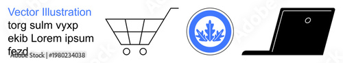 E-commerce, online shopping, digital security, data technology, internet services, branding. Minimal icons shopping cart, security badge laptop. E-commerce and digital security conceptualization