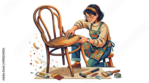 Woman sanding wooden chair seat carefully.
