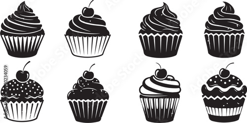 Black and white cupcake illustrations with various toppings displayed