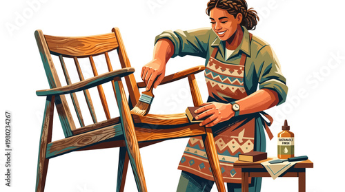 Woman sanding wooden chair seat.