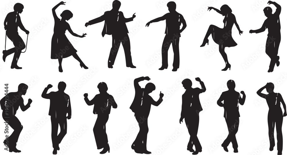 Fototapeta premium Silhouettes of people dancing in various dynamic poses together