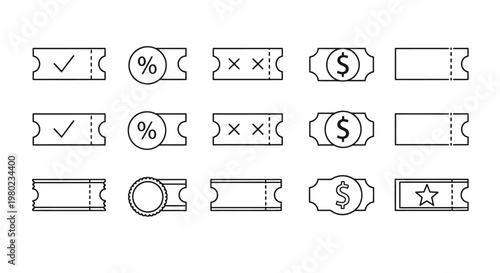 Minimalist ticket icon set with 15 outline vectors, discount coupon symbols for e-commerce, cinema and event admission vouchers in thin line style