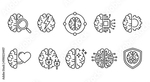 Artificial intelligence brain icons set, 10 human mind and technology line symbols, neural network and mental health vector illustrations for web design