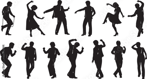 Silhouettes of people dancing in various dynamic poses together