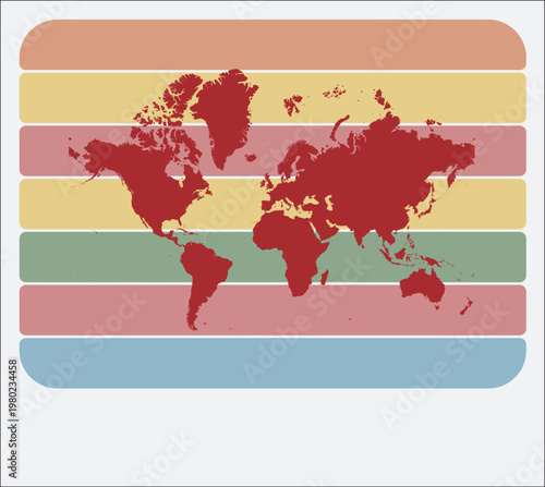 World vintage logo. Shape of the world on retro colored stripes background. Map design with grunge scratch texture. Awesome Vector illustration.