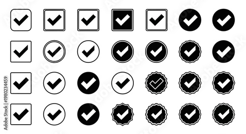 Minimalist check mark icon set, black and white validation symbols in square and circle frames, 28 vector elements for UI design and business checklists