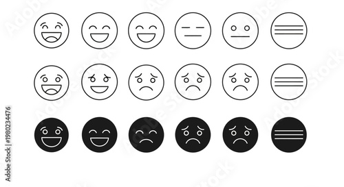 Minimalist emoji icon set, 18 linear and solid emoticons for customer feedback, black and white mood rating faces for survey interface design