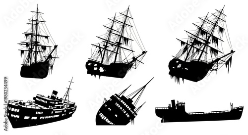 Vintage shipwreck silhouettes set, 6 vector icons of sinking pirate ships and modern cargo vessels, nautical disaster and maritime accident graphics