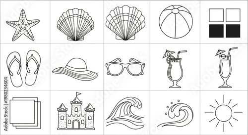 Collection of summer and beach holiday line art icons, featuring vacation elements like seashells, sun hats, sunglasses, and drinks for design