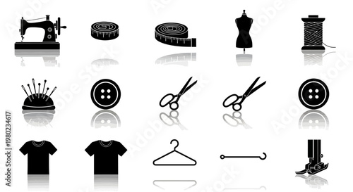Modern black silhouette icons of essential sewing and tailoring tools, featuring machines, scissors, and buttons, with reflections, for craft, fashion, and textile design projects