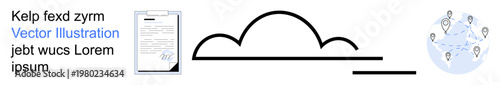 Cloud computing, digital document management, global networks, online data storage, logistics, internet connectivity. A document, cloud shape and world map with geolocation markers. Cloud computing