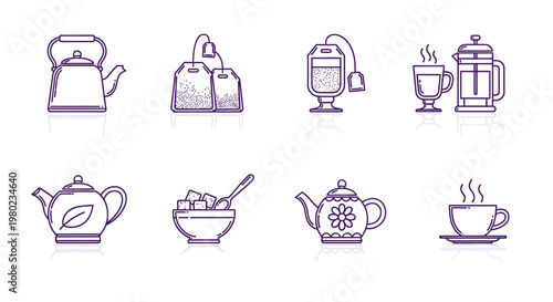 A versatile collection of minimalist purple line art icons representing various tea and coffee preparation essentials, including teapots, brewing accessories, cups, and sugar,