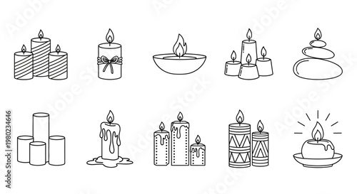 Collection of diverse candle line art icons, featuring various decorative and melting wax designs, perfect for spiritual, relaxation, and atmospheric concepts