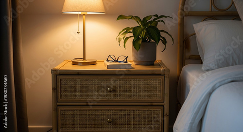 Nightstand with lamp plant glasses and bed in cozy bedroom