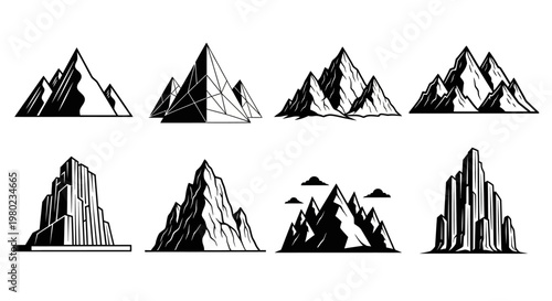 A dynamic collection of black and white graphic illustrations featuring stylized mountain peaks and rugged alpine landscapes, ideal for adventure-themed designs and outdoor branding projects