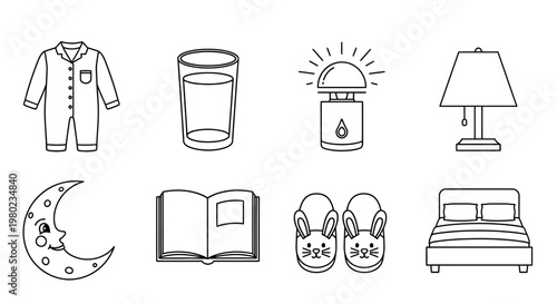 Vector icons for a relaxing bedtime routine. Features pajamas, a glass, night lamp, moon, book, slippers, and a bed, promoting comfort and peaceful sleep