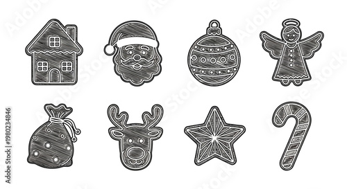 Set of charming hand-drawn Christmas icons in a rustic, textured sketch style, perfect for holiday season designs and festive greetings