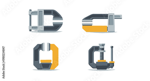 Set of Industrial Clamping Tools and G-Clamps for Woodworking and Metalworking - Flat Vector Illustration Icons
