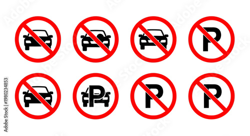 Illustrative set of circular prohibition signs, emphasizing traffic restrictions and no parking zones for vehicles, crucial for urban planning and road safety warnings
