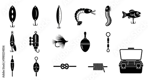 Set of fishing equipment icons, including lures, bobbers, bait, and a tackle box