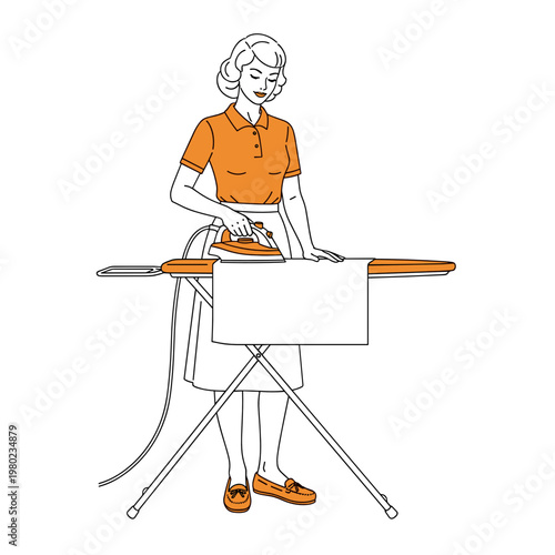 Woman Ironing Clothes Minimal Line Art Household Activity Vector
