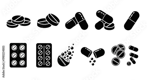 Set of sleek black silhouette icons depicting different types of medications like tablets, capsules, and blister packs, symbolizing pharmaceutical concepts and health