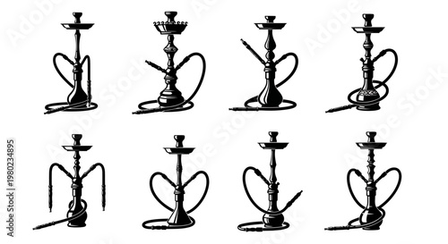 Diverse Black and White Hand-Drawn Hookah Designs, Showcasing Different Styles of Water Pipes for Cultural, Leisure, and Traditional Theme Graphics