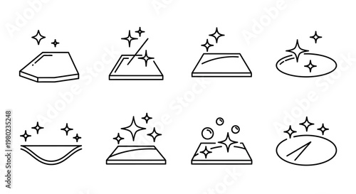 Set of icons representing cleaning, polishing, and sparkling surfaces with a clean and shiny appearance
