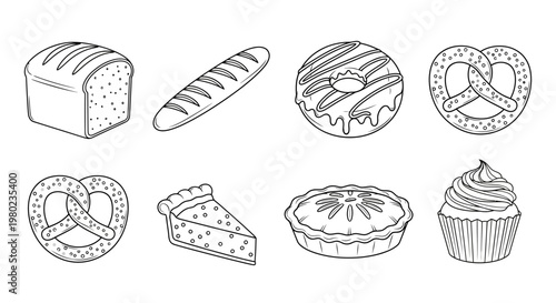 Collection of bakery items including bread, baguette, donut, pretzels, pie slice, pie, and cupcake in a simple line art style