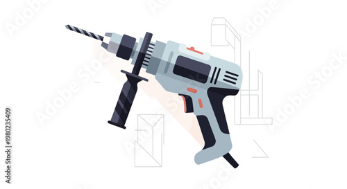 Modern Flat Vector Illustration of an Electric Hammer Drill for Construction, DIY Home Improvement, and Engineering Concepts