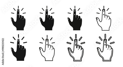 Set of eight black and white hand icons with a pointing finger and radiating lines, symbolizing clicks and interaction