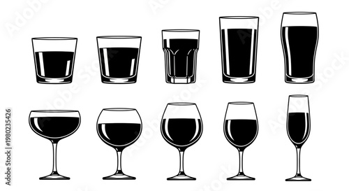 Diverse collection of beverage glasses, showcasing various styles for different drinks like wine, beer, and spirits, presented in a minimalist monochrome illustration
