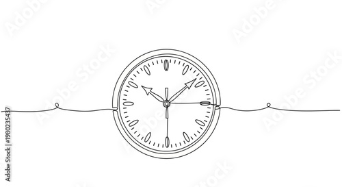 A minimalist line art drawing of a classic analog clock face with hour and minute hands, symbolizing time and its passage