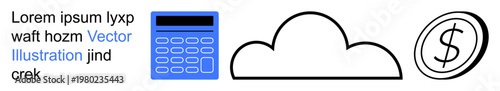 Financial management, cloud computing, budget planning, online transactions, digital services, monetary concepts. Blue calculator, cloud shape and dollar coin symbol. Financial management and cloud