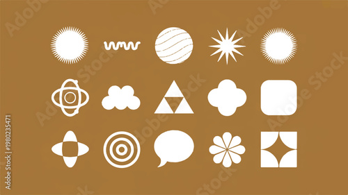A minimalist geometric design set featuring various shapes on a plain background
