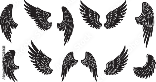 Collection of black and white angel wings illustrations set
