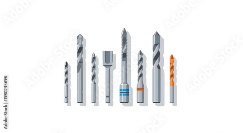 Professional Drill Bits Set Illustration for Woodwork and Metalworking - Minimalist Flat Icon Collection on White Background