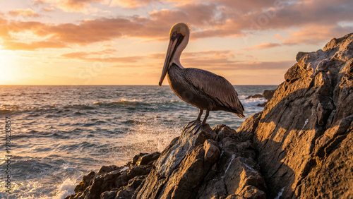 Pelicano bird standing on rocky shore with ocean waves sunset scene
