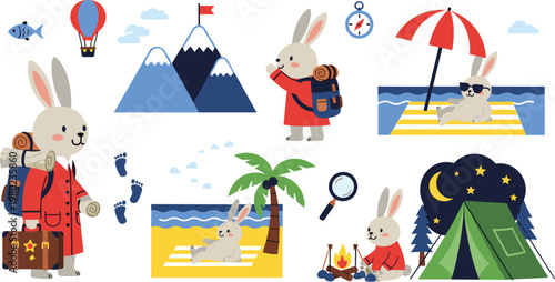 Cute Bunny Travel Adventure Set with Hiking Camping Beach Vacation and Exploration Cartoon Rabbit Character Illustration Collection