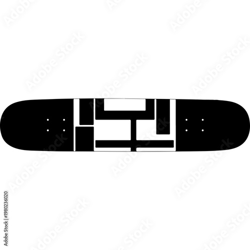 Black skateboard deck, geometric design, abstract pattern, vector graphics