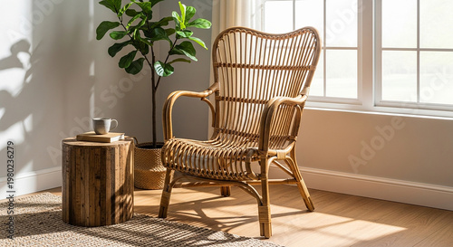 Wicker chair by sunny window with potted plant and wooden stool sunlight