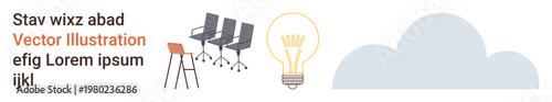 Office equipment, business ideas, brainstorming, workplace setup, innovation, creativity. Three chairs, a light bulb and a cloud icon are illustrated. Business ideas and innovation concept