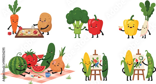 Cute Vegetable Cartoon Activity Scenes Set with Funny Food Characters Playing Painting Picnic and Social Interaction Vector Illustration Collection