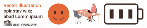 Productivity, energy levels, workplace mood, time management, employee performance, motivation. A happy face, a worker at a desk and a battery icon. Productivity and energy levels concept