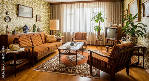 Vintage Living Room with Wooden Furniture and Decorations orange sofa striped armchair